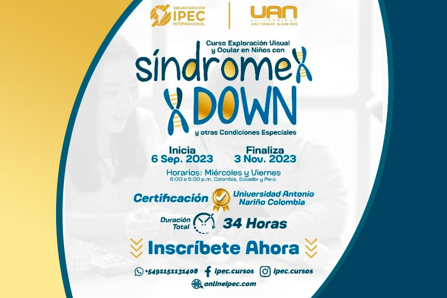 Este curso, tiene como objetivo, identificar las características específicas de las condiciones oculares, visuales y su manejo en diagnóstico, tratamiento, rehabilitación y pruebas complementarias en síndrome de Down y otras condiciones especiales. Certificación universitaria de la UAN (Universidad Antonio Nariño - Colombia).